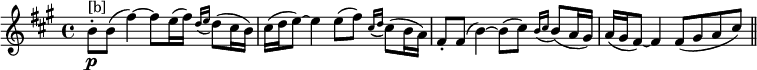 \relative c'''{\set Score.tempoHideNote = ##t \tempo 4 = 84 \key a \major \time 4/4 b,8-.\p^"[b]" b( fis'4) ~fis8 e16( fis) \appoggiatura {d16[e]} d8( cis16 b) cis( d e8~)e4 e8( fis) \appoggiatura{cis16[d]} cis8( b16 a) fis8-。 fis( b4~) b8( cis) \appoggiatura{b16[cis]} b8( a16 gis) a( gis fis8~)fis4 fis8 (gis a cis) \bar "||"}\layout{\context{\Score \override NonMusicalPaperColumn.line-break-permission = ##f \override NonMusicalPaperColumn.page-break-permission = ##f}}