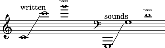 { \new Staff \with { \remove "Time_signature_engraver" } \clef treble \key c \major \cadenzaOn c'1 ^ \markup "written" \glissando c'''1 \tweak font-size #-2 g'''1 \finger \markup \text "poss." \hide r1 \clef bass g,,1 ^ \markup "sounds" \glissando g1 \tweak font-size #-2 d'1 \finger \markup \text "poss." }