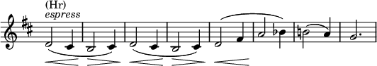 \relative c' \new Staff \with { \remove "Time_signature_engraver" } { \key d \major \time 3/4 d2^\markup { \italic espress } ^\markup (Hr) \<( cis4 b2\> cis4) d2\<( cis4 b2\> cis4) d2\<( fis4 a2\! bes4) b!2( a4) g2. }