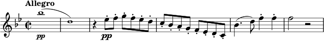 \relative c''' { \tempo "Allegro" \tempo 2 = 90 \set Staff.midiInstrument = #"violin" \key bes \major \time 2/2 \tiny bes1\pp (| d,) | \normalsize r4 es8-.\pp f-. g-. f-. es-. d-. | c-. bes-. a-. g-. f-. es-. d-. c-. | bes'4. (d8) f4-. f-. | f2 r }