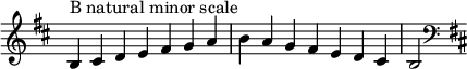 { \omit Score.TimeSignature \relative c' { \key b \minor \time 7/4 b^"Bナチュラルマイナースケール" cis de fis gabag fis ed cis b2 \clef F \key b \minor } }