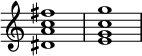 
{ \override Score.TimeSignature #'stencil = ##f \time 4/4 \relative c' { <dis a' c fis>1 <egc g'> } }
