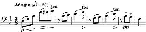 \relative c { \set Staff.midiInstrument = #"cello" \clef bass \time 3/8 \tempo "Adagio" 8 = 50 \key bes \major d8(\p\< f) bes\! | f'\>( fis g^"ten")\! | r bes,( c) | d4( f8)^"ten"\> | r\! g,( a) | bes4( d8)^"ten"\> | r\! bes-_\pp a-_ | f4 }