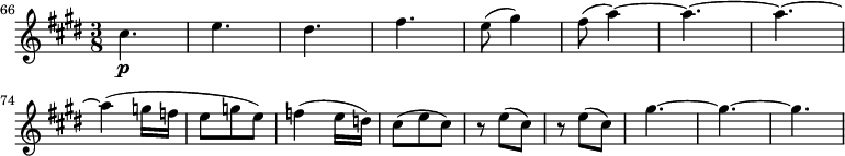 \relative c'' { \key e \major \time 3/8 \clef treble \tempo 8 = 96 \set Score.tempoHideNote = ##t \set Staff.midiInstrument = "oboe" \set Score.currentBarNumber = #66 \bar "" cis4. _\pe dis fis e8( gis4) fis8( a4)~ _\< a4.~ a~ _\> \break a4( g16 f e8 ge) f4( e16 d16) cis8( e cis) re( cis) re( cis) gis'4.~ gis~ gis~ }