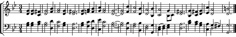 \new ChoirStaff << \new Staff { \time 3/4 \key g \minor \relative c'' { <g d> <g d> <fis c> | <g d>2 <bes f>4 | <a f>2 <g d>4 | <fis d>2. | <g d>4 <af!> <bes f> | <c g> <a f>2 <g d>2. ~ <g d>2 <d' f,>4 | <cf,>2 <bes d,>4 | <ad,>2 <bes bes,>4 | <ac,>2 << { \voiceOne g4 } \new Voice { \voiceTwo bes,8 c } >> \oneVoice <fis d>2. | <g bes,>4 <fis c> <g d> | <c ees,> <ad,>2 | <bd,>2. \bar "|." } } \new Staff { \time 3/4 \key g \minor \clef bass <bes g>4 <bes g> <c' a> | <bes g>2 <d' d>4 | <c' f>2 <bes g>4 | <a d>2. | <bes g>4 <c' f> <d' d> | <ees' c> <c' f>2 | <bes g>2. ~ <bes g>2 <bes d>4 | <a f>2 <bes bes,>4 | <f d>2 <gg,>4 | <ees c>( <f d>) <g ees> | <a d>2. | <d' bes>4 <c' a> <bes g> | <a c> << { \voiceOne g( fis) } \new Voice { \voiceTwo d2 } >> \oneVoice <gg,>2. \bar "|." } >>