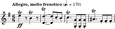 \layout { ragged-last = ##t } \relative c''{ \tempo \markup "Allegro, molto frenetico" 4. = 170 \set Staff.midiInstrument = #"string ensemble 1" \clef treble \key g \major \numericTimeSignature \time 6/8 e4\trill\ff r8 b4\trill r8 <d, d'>4.~\trill <d d'>8 c'8-. b-. c4.\trill <gg,>8-. <gg,>-. <gg,>-. ais4.\trill fis8-. fis-. fis-. }