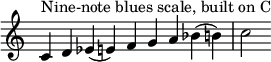{ \override Score.TimeSignature #'stencil = ##f \relative c' { \clef treble \time 9/4 c4^\markup { "C をベースにした 9 音ブルース スケール" } d es( e) fga bes( b) c2 } }