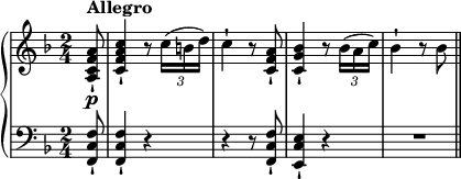 { #(set-global-staff-size 14) \time 2/4 \new PianoStaff << \new Staff { \relative c' { \key f \major \partial 8 <a cf a>8_!\p^\markup{ \bold "Allegro" } | <cfa c>4_! r8 \tuplet 3/2 8 { c'16( bd) } c4-! r8 <c, f a>_! <c g' bes>4_! r8 \tuplet 3/2 { bes'16( ac) } bes4-! r8 bes \bar "||" } } \new Staff { \relative c, { \key f \major \clef "bass" \partial 8 <f c' f>8_! | <f c' f>4_! rr r8 <f c' f>8_! <e c' e>4_! r \compressEmptyMeasures R1*2/4 \bar "||" } } >> }