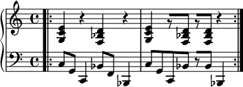 
    { \new PianoStaff << \new Staff << \relative c' { \set Score.tempoHideNote = ##t \tempo 2 = 100 \clef treble \key c \major \time 4/4 <gc e>4 r <f bes d> r <gc e> r8[ <f bes d>] r[ <f bes d>] r4 } >> \new Staff << \relative c { \clef bass \key c \major \time 4/4 \bar ".|:" c8 gc,4 bes'8 f bes,4 c'8 gc, bes' r[ bes] bes,4 \bar ":|." } >> >> }
