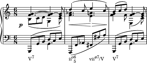 { #(set-global-staff-size 16) \new PianoStaff << \new Staff << \new Voice \relative c' { \stemUp \time 6/8 <f g>4.^~ <f g>4^~ <e g>8 d'4^( c8 e4 c8) b^( cd) <f, g>4^~ <e g>8 } \new Voice \relative c' { \stemDown \override DynamicText.X-offset = #-4 \override DynamicLineSpanner.staff-padding = #4 b8_(\pcdg,4 c8) <f aes>4.\< <e a>4.\> <f g>4\! f8 e,4_( c'8) } >> \new Staff << \new Voice \relative c, { \clef F \time 6/8 \stemUp g8^( g' bdce) \stemNeutral f,,( f' aes fis fis' a) \stemUp g,,8^( g' bdce) } \new Voice \relative c { \stemDown s4._\markup { \concat { "V" \raise #1 \small "7" \hspace #16 "ii" \raise #1 \small "o" \combine \raise #1 \small 6 \lower #1 \small 5 \hspace #6 "vii" \raise #1 \small "ø7" "/V" \hspace #4 "V" \raise #1 \small "7" } } g s2. s4. g } >> >> }