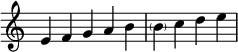 { \override Score.TimeSignature #'stencil = ##f \relative c' { \clef treble \time 5/4 e4 fgab \time 4/4 \parenthesize bcde } }