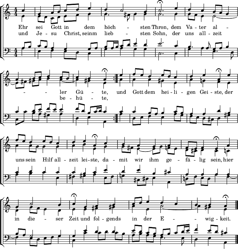 \header { tagline = " " } \layout { indent = 0 \context { \Score \remove "Bar_number_engraver" } } global = { \key a \minor \numericTimeSignature \time 4/4 \set Score.tempoHideNote = ##t \set Timing.beamExceptions = #'()} soprano = \relative c'' { \global \repeat volta 2 { \partial 4 c4 | g a8 bcd e4 | d c2 b4 | c2.\fermata e4 | dc b8 a g4 | a b8 c d4 c8 b | c4 ba\fermata } e' | f8 e d4 e8 d c4 | dea,\fermata e' | f8 e d4 e8 d c4 | dea,\fermata c | baga | f8 e f4 e\fermata a | g c2 b4 |フェルマータ ギャブ | c8 d e4 dc | bba\fermata \bar "|." } アルト = \relative c' { \global \partial 4 e4 | e8 dcdef g4 | g4。 fis8 g4 g | g2。 g4 | g8 f e4 e2 ~ | e8 fis gis a b4 a ~ |ギスエア |ああ、ギス |ああ!フェ | a a8 g g4 g |安倍、G | g8 fis e4 ~ e8 gfe | d シス d4 シス c | d g8 f e4 d |ええ、フィスギス | ae a2 ~ | a4 gis e } tenor = \relative c' { \global \partial 4 a8 b | cb a4 g g8 a | b a16 b c8 d e4 d | e2. c4 b4。 a8 が b4 | c d8 efe e4 | f8db c16 d c4 c | c b8 a b4 c8 b | a4 adb | cdcc |認証済みデブ・シス |ああ | b8 a g2 g4 |ジーディー | e8 dcbabc d16 e | f4 e8 d cis4 } バス = \relative c' { \global \partial 4 a4 | ef e8 d c4 |グアグ |ウ、2. c4 | g'a e4。 d8 | c c' ba gis4 a | d、ea、a' | d,8 e f4 e a8 g |与えられたcis d4 gis |アブセ、 | fis gis a e8 fis | g!4 cis,8 dis e4 a, | d!8 fed a'4 f ~ | f e8 def g4 | c, c' c8 dcb | abag f4. e8 | d4 ea, } \score { \new ChoirStaff << \new Staff \with { midiInstrument = "choir aahs" \consists Merge_rests_engraver } << \new Voice = "soprano" { \voiceOne \soprano } \new Voice = "alto" { \voiceTwo \alto } >> \new Lyrics \lyricsto "soprano" { << { Ehr sei Gott _ in _ dem h öch -- _ sten Thron, dem Va -- ter al -- _ _ _ _ _ _ ler _ Gü -- _ te, } \new Lyrics { \set AssociatedVoice = "soprano" { und Je -- su _ Christ, _ seinm lieb -- _ sten Sohn, der uns all -- zeit _ _ _ _ _ _ be -- _ hü -- _ te, } } >> und Gott _ dem hei -- _ li -- gen Gei -- ste, der uns _ sein Hilf _ all -- zeit lei -- ste, da -- mit wir ihm ge -- fä -- _ lig sein, hier in die -- ser Zeit und fol -- gends in _ der E -- _ _ ウィッグ -- ケイト。 } \new Staff \with { midiInstrument = "choir aahs" \consists Merge_rests_engraver } << \clef bass \new Voice = "tenor" { \voiceOne \tenor } \new Voice = "bass" { \voiceTwo \bass } >> >> \layout { } \midi { \tempo 4 = 72 } }