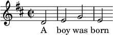 { \set Score.automaticBars = ##f \key d \major \time 2/2 \relative c' {d2 \bar "|" e2 g2 \bar "|" e2} \addlyrics {男の子が生まれました } }
