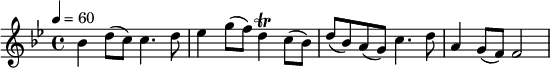 
\relative c'' { \set Staff.midiInstrument = #"piano" \tempo 4 = 60 \clef "treble" \time 4/4 \key bes \major bes4 d8( c) c4. d8 |es4 g8( f) d4\trill c8( bes) | d( bes) a( g) c4. d8 | a4 g8( f) f2 }
