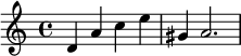 { \relative c' { \time 4/4 d4 a' ce gis、a2。 } }