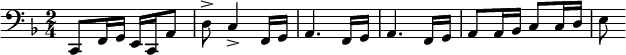 \relative c { \clef bass \key f \major \time 2/4 c,8 f16 gec a'8 d-> c4-> f,16 g a4. f16 g a4. f16 g a8 a16 bes c8 c16 d e8 }