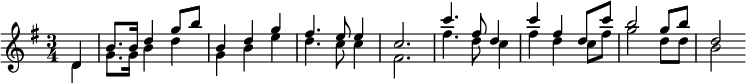\relative c' { \clef treble \key g \major \time 3/4 \partial 4*1 << { d4 | b'8. b16 d4 g8 b | b,4 dg | fis4. e8 e4 | c2. | c'4. fis,8 d4 | c' fis, d8 c' | b2 g8 b | d,2 } \\ { d,4 | g8. g16 b4 d | g, be | d4. c8 c4 | fis,2. | fis'4. d8 c4 | fis d c8 fis | g2 d8 d | b2 } >> }