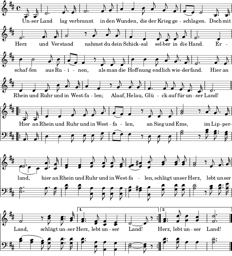  % Source: [https://www1.wdr.de/archiv/nrw-jubilaeum/nrwlied100.html Ein Lied für NRW]、WDR1、2006年5月8日 \header { tagline = ##f } %\paper { #(set-paper-size "a4") } \layout { indent = 0 \context { \Score \remove "Bar_number_engraver" } } global = { \key d \major \time 4/4 \partial 4 \autoBeamOff } melody = \new Voice = "melody" { \relative c' { \global \set midiInstrument = "clarinet" a8. a16 | d2. e8. e16 | |fis2. fis8 g | a4 a b8 ag fis | fis ([e]) e2 b8. b16 | e2. fis8. fis16 | g2 r8 gag | fis4 d d8 cis d fis | e2. d4 | b' b2 g8 b | a ([fis]) fis4 r8 ddd | b'4 b b8 a g8. fis16 | e2. fis8 e | d4 d d8 b' a8. g16 | a4 fis r8 ggg | fis4. fis8 fis e d8. cis16 | d2. \repeat volta 2 { a8. a16 | d4 d e8 eeg | g ([fis]) fis4 r8 ddd | <b' g>2 r8 a g8. fis16 | << { e2. } \new Voice = "lower" { \voiceTwo \set midiInstrument = "clarinet" { e4 (d cis) } } >> <a' cis,>8. <g cis,>16 | <fis d>4 q <a e>8 qq <g e> | <fis e>4 (<ais e>) <bd,>8 <b g> qq | <a fis>2 r8 e8 fis8. g16 | fis2 r8 <d' b> <cis a>8. <b g>16 | } \alternative { { <a fis>4. <fis d>8 <fis cis>4 <e cis> | d2~ d8 r } { <a' fis>4. <d fis,>8 <dg,>4 <cis g> <d fis,>2. } } \bar "|." } } verse = \new Lyrics { \lyricsto "melody" { Un -- ser Land lag ver -- brannt in den Wun -- den、die der Krieg ge -- schla -- gen. Doch mit Herz und Ver -- Stand nahmst du dein Schick -- sal sel -- ber in die Hand。 Er -- schaf -- fen aus Ru -- i -- nen、als man die Hoff -- nung end -- lich wie -- der -- fand。 Hier an Rhein und Ruhr und in West -- fa -- len; Alaaf、He -- lau、Glü -- ck -- auf für un -- ser Land!西のラインとルールと西のファレン、ジークとエムス、リップの土地、ラインとルールの西のファレン、ヘルツのヘルツ、土地のヘルツ、土地のようなラインとルールがあります！ヘルツ、土地を許してください！ = \relative c { \global \set midiInstrument = "ファゴット" r4 | } } R1*15 | r2. \repeat volta 2 { a8. a16 | d4 d e8 脳波 | g ([fis]) fis4 r8 ddd | <b' g>2 r8 <cis a> <b g>8. <a fis>16 | <a e>2. a8. a16 | <a d>4 q <a cis,>8 qqq | <b fis>4 <ais fis> <bb,>8 <dg,> qq | <d a>2 r8 <cis a> <d a>8。 <ea,>16 | <d b>4 (<cis a> <b g>8) <dg,> q8. q16 | } \alternative { { <d a>4. <ad,>8 <aa,>4 <ga,> | <fis d>2~ q8 r8 } { <d' a>4. q8 a4 a<a d>2． } } \bar "|。" } \score { << \new Staff { \melody } \addlyrics { \verse } \new Staff \with { \RemoveAllEmptyStaves } { \clef bass \bass } >> \layout { } } \score { { \unfoldRepeats << \melody \\ \bass >> } \midi { \tempo 4=105 \context { \Score midiChannelMapping = #'instrument } \context { \Staff \remove "Staff_performer" } \context { \Voice \consists "Staff_performer" } } } 