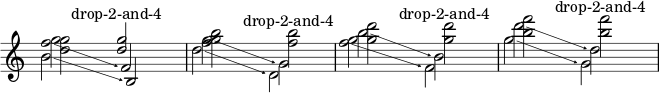{ \new Staff << \override Score.TimeSignature #'stencil = ##f \override Score.SpacingSpanner.strict-note-spacing = ##t \set Score.proportionalNotationDuration = #(ly:make-moment 1/8) \time 4/4 \new Voice \relative c'' { <d g>2 \once \stemUp <d g>^\markup { \center-align { "drop-2-and-4" } } <fg b> <f b>^\markup { \center-align { "drop-2-and-4" } } <g d'> <g d'>^\markup { \center-align { "drop-2-and-4" } } <b f'> <b f'>^\markup { \center-align { "drop-2-and-4" } } } \new Voice \relative c'' { \override TextSpanner.bound-padding = #1.0 \override TextSpanner.style = #'line \override TextSpanner.bound-details.right.arrow = ##t \override TextSpanner.bound-details.left.text = #"fof" \override TextSpanner.bound-details.right.text = #"gag" \override TextSpanner.bound-details.right.padding = #0.6 \override TextSpanner.bound-details.right.stencil-align-dir-y = #CENTER \override TextSpanner.bound-details.left.stencil-align-dir-y = #CENTER \override Glissando.bound-details.right.arrow = ##t \override Glissando.arrow-length = #0.5 \override Glissando.arrow-width = #0.25 <f g>2\glissando f, g'\glissando \once \stemDown g, b'\glissando \once \stemDown b, d'\glissando \once \stemDown d, } \new Voice \relative c'' { \override TextSpanner.bound-padding = #1.0 \override TextSpanner.style = #'line \override TextSpanner.bound-details.right.arrow = ##t \override TextSpanner.bound-details.left.text = #"fof" \override TextSpanner.bound-details.right.text = #"gag" \override TextSpanner.bound-details.right.padding = #0.6 \override TextSpanner.bound-details.right.stencil-align-dir-y = #CENTER \override TextSpanner.bound-details.left.stencil-align-dir-y = #CENTER \override Glissando.bound-details.right.arrow = ##t \override Glissando.arrow-length = #0.5 \override Glissando.arrow-width = #0.25 b2\glissando b, d'\glissando \once \stemDown d, <f' g>\glissando \once \stemDown f, g'\glissando \once \stemDown g, } >> }