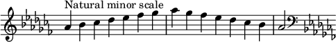 { \omit Score.TimeSignature \relative c'' { \key aes \minor \time 7/4 aes^"ナチュラルマイナースケール" bes ces des es fes ges aes ges fes es des ces bes aes2 \clef F \key aes \minor } }