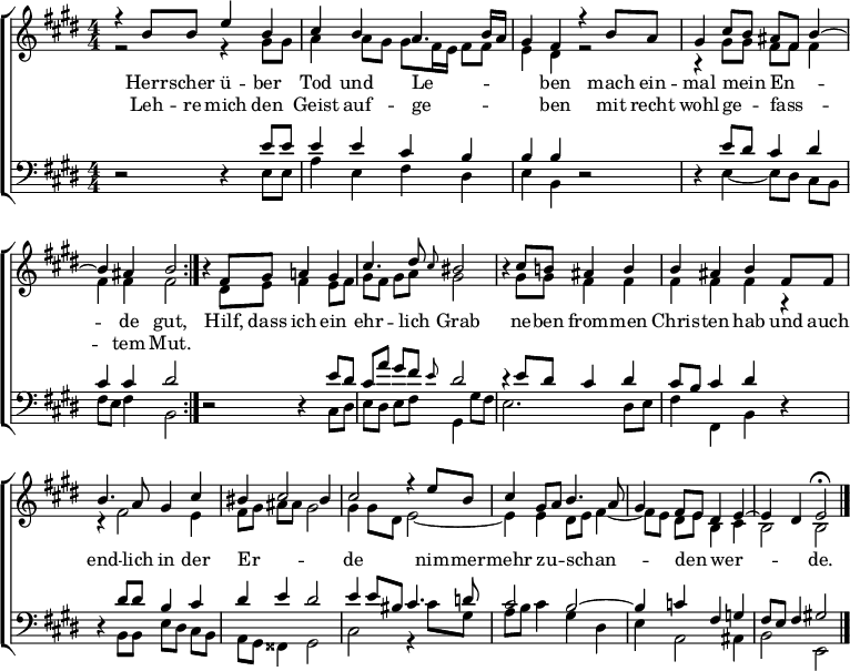 \header { tagline = " " } \layout { indent = 0 \context { \Score \remove "Bar_number_engraver" } } global = { \key e \major \numericTimeSignature \time 4/4 \set Score.tempoHideNote = ##t \set Timing.beamExceptions = #'()} \score { \new ChoirStaff << \new Staff \with { midiInstrument = "choir aahs" \consists Merge_rests_engraver } << \new Voice = "soprano" { \voiceOne \relative c'' { \global \tempo 4=72 \repeat volta 2 { r4 b8 b e4 b | cis b a4. b16 a | gis4 fis r b8 a | gis4 cis8 b ais fis b4 ~ | b ais b2 } | r4 fis8 gis a!4 gis |シス4。 dis8 \grace { cis } bis2 | r4 cis8 b! ais4b | b ais b fis8 fis | b4. a8 gis4 cis |ビス シス 2 ビス 4 | cis2 r4 e8 b | cis4 gis8 a b4。 a8 | gis4 fis8 e dis4 e ~ | e dis \tempo 4=50 e2\fermata \bar "|." } } \new Voice = "アルト" { \voiceTwo \relative c'' { \global r2 r4 gis8 gis | a4 a8 ギス ギス fis16 e fis8 fis | e4ディスクr2 | r4 gis8 gis fis fis fis4 |フィスフィスフィス2 | r4 dis8 e fis4 e8 fis |ギスフィスギスアギス2 | r4 gis8 gis fis4 fis |フィスフィスフィスr | r fis2 e4 | fis8 gis ais ais gis2 | gis4 gis8 dis e2 ~ | e4 e dis8 e fis4 ~| fis8 e dis e b4 cis | b2 b } } >> \new Lyrics \lyricsto "soprano" { << { Herr -- scher ü -- ber Tod und Le -- _ _ _ ben mach ein -- mal mein _ En -- _ _ de put, } \new Lyrics { \set AssociatedVoice = "soprano" { Leh -- re mich den Geist auf -- ge -- _ _ _ ben mit recht wohl -- ge -- _ fass -- _ _ tem Mut. } } >> Hilf、dass ich ein ehr -- lich Grab ne -- ben from -- men Chris -- ten hab und auch end -- lich in der Er -- _ _ de nim -- mer -- mehr zu -- _ schan -- _ _ den _ wer -- _ _ de。 } \new Staff \with { midiInstrument = "choir aahs" \consists Merge_rests_engraver } << \clef brass \new Voice = "tenor" { \voiceOne \relative c' { \global r2 r4 e8 e | e4 e シス b | BB R2 | r4 e8 ディスク cis4 ディスク |シスシスディス2 | r2 r4 e8 ディス | cis a' gis fis \grace { e } dis2 | r4 e8 ディスク cis4 ディスク | cis8 b cis4 dis r | r ディスク 8 ディスク b4 シス |ディス e ディス 2 | e4 e8ビスシス4。 d8 | cis2 b ~ | b4 c fis、g | fis8 e fis4 gis!2 } } \new Voice = "bass" { \voiceTwo \relative c,{ \global r2 r4 e'8 e | a4 e はディス | eb r2 | r4 e ~ e8 ディスク | fis' e fis4 b,2 | r2 r4 cis8 ディス | e dis e fis gis,4 gis'8 fis | e2.ディス8e | fis4 fis、br | r b8 ディスクシス b | gis fisis4 gis2 | cis2 r4 cis'8 gis | ab cis4 gis dis | ea,2 ais4 | b2 e, } } >> >> \layout { } } \score { \unfoldRepeats { \new ChoirStaff << \new Staff \with { midiInstrument = "choir aahs" \consists Merge_rests_engraver } << \new Voice = "soprano" { \voiceOne \relative c'' { \global \tempo 4=72 \repeat volta 2 { r4 b8 b e4 b | cis b a4. b16 a | gis4 fis r b8 a | gis4 cis8 b ais fis b4 ~ | b ais b2 } | r4 fis8 gis a!4 gis | cis4. dis8 cis4 bis4 | r4 cis8 b! ais4 b | b ais b fis8 fis | b4. a8 gis4 cis |ビス シス 2 ビス 4 | cis2 r4 e8 b | cis4 gis8 a b4。 a8 | gis4 fis8 e dis4 e ~ | e dis \tempo 4=50 e2\fermata \bar "|." | r4 } } \new Voice = "アルト" { \voiceTwo \relative c'' { \global \repeat volta 2 { r2 r4 gis8 gis | a4 a8 ギス ギス fis16 e fis8 fis | e4ディスクr2 | r4 gis8 gis fis fis fis4 |フィスフィスフィス2 } | r4 dis8 e fis4 e8 fis |ギスフィスギスアギス2 | r4 gis8 gis fis4 fis |フィスフィスフィスr | r fis2 e4 | fis8 gis ais ais gis2 | gis4 gis8 dis e2 ~ | e4 e dis8 e fis4 ~| fis8 e dis e b4 cis | b2b | r4 } } >> \new 歌詞 \lyricsto "soprano" { << { Herr -- scher ü -- ber Tod und Le -- _ _ _ ben mach ein -- mal mein _ En -- _ _ de put, } \new Lyrics { \set AssociatedVoice = "soprano" { Leh -- re mich den Geist auf -- ge -- _ _ _ ben mit recht wohl -- ge -- _ fass -- _ _ tem Mut. } } >> Hilf、dass ich ein ehr -- lich Grab ne -- ben from -- men Chris -- ten hab und auch end -- lich in der Er -- _ _ de nim -- mer -- mehr zu - - _ schan -- _ _ den _ wer -- _ _ de.} \new Staff \with { midiInstrument = "choir aahs" \consists Merge_rests_engraver } << \clef brass \new Voice = "tenor" { \voiceOne \relative c' { \global \repeat volta 2 { r2 r4 e8 e | e4 e シス b | BB R2 | r4 e8 ディスク cis4 ディスク |シスシスディス2 } | r2 r4 e8 ディス |シス a' ギス フィス e4 dis4 | r4 e8 ディスク cis4 ディスク | cis8 b cis4 dis r | r ディスク 8 ディスク b4 シス |ディス e ディス 2 | e4 e8ビスシス4。 d8 | cis2 b ~ | b4 c fis、g | fis8 e fis4 gis!2 | r4 } } \new Voice = "bass" { \voiceTwo \relative c, { \global \repeat volta 2 { r2 r4 e'8 e | a4 e はディス | eb r2 | r4 e ~ e8 ディスク b | fis' e fis4 b,2 } | r2 r4 cis8 ディス | e dis e fis gis,4 gis'8 fis | e2.ディス8e | fis4 fis、br | r b8 ディスクシス b | gis fisis4 gis2 | cis2 r4 cis'8 gis | ab cis4 gis dis | ea,2 ais4 | b2 e、 | r4 } } >> >> } \midi { } }