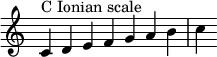 { \override Score.TimeSignature #'stencil = ##f \relative c' { \clef treble \time 7/4 c4^\markup { C イオニア音階 } defgabc } }