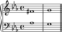 { \new PianoStaff << \new Staff << \relative c' { \clef treble \key c \minor \time 4/4 fis1 g } >> \new Staff << \relative c' { \clef bass \key c \minor \time 4/4 aes1 g \bar "||" } >> >> }