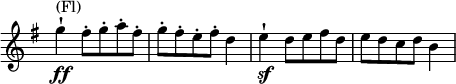 \relative c' \new Staff \with { \remove "Time_signature_engraver" } { \key g \major \time 3/4 g''4-!\ff ^\markup (Fl) fis8-. g-. a-. fis-. g-. fis-. e-. fis-. d4 e-!\sf d8 e fis dedcd b4 }