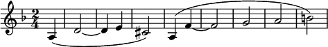 \relative c' { \clef treble \key d \minor \time 2/4 \partial 4*1 a4( d2~ d4 e cis2) a4( f'~ f2 gab) }