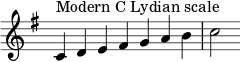 { \key c \lydian \override Score.TimeSignature #'stencil = ##f \relative c' { \clef treble \time 7/4 c4^\markup { モダンハ・リディア旋法 } de fis gab c2 } }