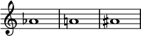 { \override Score.TimeSignature #'stencil = ##f \relative c'' { \time 4/4 aes1 a! ais } }