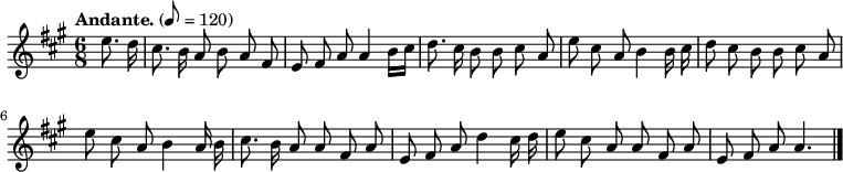 

  \relative c'' { \ language "english" \key a \major \time 6/8 \autoBeamOff \tempo "アンダンテ。" 8=120 \部分 4 e8. d16 | cs8。 b16 a8 b8 a8 fs8 | e8 fs8 a8 a4 b16[cs16] | d8. cs16 b8 b8 cs8 a8 | e'8 cs8 a8 b4 b16 cs16 | d8 cs8 b8 b8 cs8 a8 | e'8 cs8 a8 b4 a16 b16 | cs8。 b16 a8 a8 fs8 a8 | e8 fs8 a8 d4 cs16 d16 | e8 cs8 a8 a8 fs8 a8 | e8 fs8 a8 a4。 \bar "|." }
