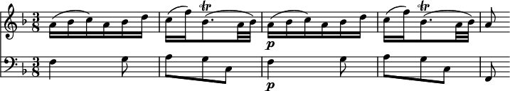 << << \new Staff { \clef treble \time 3/8 \key f \major \set Staff.midiInstrument = "violin" \set Score.tempoHideNote = ##t \relative c'' { a16( bes c) a bes d | c( f) bes,8.\trill( a32 bes) | a16\p( bes c) a bes d | c( f) bes,8.\trill( a32 bes) | a8 } } \new Staff { \clef bass \time 3/8 \key f \major \set Staff.midiInstrument = "cello" \relative c { f4 g8 | agc, | f4\p g8 | agc, | f, } } >> >> \layout { インデント = #0 } \midi { \tempo 8 = 100 }