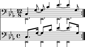 { \relative c, << \new Staff << \new voice { \clef bass \time 12/8 \key c \minor \set Score.tempoHideNote = ##t \tempo 4 = 100 \stemDown \override NoteHead.style = #'cross \repeat volta 2 { es4. es es es } } \new voice { \set Score.tempoHideNote = ##t \tempo 4 = 100 \time 12/8 \stemUp \repeat volta 2 { c'4 g'8~ g c4 es4.~ es4 g,8 } \bar ":|." } >> \new Staff << \new voice { \clef bass \time 12/8 \key c \minor \set Staff.timeSignatureFraction = 4/4 \scaleDurations 3/2 { \set Score.tempoHideNote = ##t \tempo 8 = 100 \stemDown \override NoteHead.style = #'cross \repeat volta 2 { es,4 es es es } } } \new voice \relative c' { \time 12/8 \set Staff.timeSignatureFraction = 4/4 \scaleDurations 3/2 { \set Score.tempoHideNote = ##t \tempo 4 = 100 \stemUp \repeat volta 2 { c,8. g'16~ g8 c es4~ es8. g,16 } \bar ":|." } } >> >> }