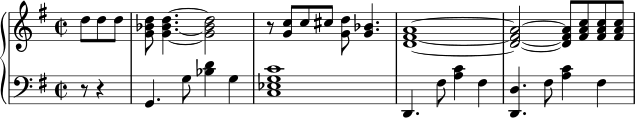 { \new PianoStaff << \new Staff << \relative c'' { \clef treble \key g \major \time 2/2 \partial4. d8 dd <g, bes d>8 <g~ bes~ d~>4. <g bes d>2 r8 <g c> c cis <g d'> <g bes>4. <d~ fis~ a~>1 <d~ fis~ a~>2 <d fis a>8 <fis a c> <fis a c> <fis a c> } >> \new Staff << \relative c { \clef bass \key g \major \time 2/2 \partial4. r8 r4 g4. g'8 <bes d>4 g <c, es g c>1 d,4. fis'8 <a c>4 fis <d, d'>4。 fis'8 <a c>4 fis } >> >> }
