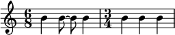 \relative c'' { \time 6/8 b4 b8~ b b4 \time 3/4 b4 bb }