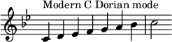 { \key c \dorian \override Score.TimeSignature #'stencil = ##f \relative c' { \clef treble \time 7/4 c4^\markup { モダン C ドリアン モード } d es fga bes c2 } }