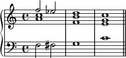 
   \new PianoStaff << \new Staff << \new Voice \relative c'' { \stemUp \clef treble \key c \major \time 4/4 f2 es d1 c } \new Voice \relative c'' { \stemDown <a c>1 <f b> <e g> } >> \new Staff << \new Voice \relative c { \clef bass \key c \major \time 4/4 f2 fis g1 c \bar "||" } >> >>
