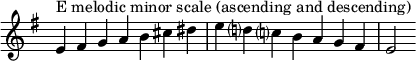{
\omit Score.TimeSignature \relative c' {
\key e \minor \time 7/4 e^"E melodic minor scale (ascending and descending)" fis g a b cis dis e d? c? b a g fis e2
} }