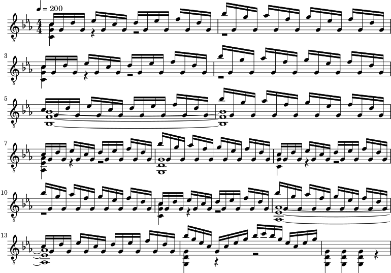\new Staff << \clef "treble_8" \key c \minor \tempo 4 = 200 \numericTimeSignature \time 4/4 %====================== % Voice 1 (riff) %===================== \new Voice = "upper" { \voiceOne \relative c' { c16 g d' g, ees' g, cg d' g, ees' g, f' g, d' g, | bes' g, g' g, aes' g, f' g, g' g, ees' g, f' g, d' g, | cg d' g, ees' g, cg d' g, ees' g, f' g, d' g, | bes' g、g' g、aes' g、f' g、g' g、ees' g、f' g、d' g、| cg d' g、ees' g、cg d' g、ees' g、f' g、d' g、| bes' g、g' g、aes' g、f' g、g' g、ees' g、f' g、d' g、| cg d' g、ees' g、cg d' g、ees' g、f' g、d' g、| bes' g、g' g、aes' g、f' g、g' g、ees' g、f' g、d' g、| cg d' g、ees' g、cg d' g、ees' g、f' g、d' g、| bes' g、g' g、aes' g、f' g、g' g、ees' g、f' g、d' g、| cg d' g、ees' g、cg d' g、ees' g、f' g、d' g、| bes' g、g' g、aes' g、f' g、g' g、ees' g、f' g、d' g、| cg d' g、ees' g、cg d' g、ees' g、f' g、d' g、| bes' g ees cgc ees g bes c bes g ees c ees g } } %===================== % Voice 2 (chords) %====================== \new Voice = "lower" { \voiceTwo \relative c' { <cgc,>4 r r2 | r1 | <cgc,>4 r r2 | r1 | <bes f bes,>1~ | <bes f bes,>1 | <aes ees aes,>4 r r2 | <gdg,>1 | <cgc,>4 r r2 | r1 | <cgc,>4 r r2 | <aes ees aes,>1~ | <aes ees aes,>1 | <gdg,>4 r r2 | <gdg,>4 <gdg,> <gdg,> r } } >>
