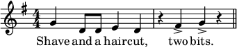 \relative g' { \key g \major \numericTimeSignature\time 4/4 \set Score.tempoHideNote = ##t \tempo 4=180 g4 d8 d8 e4 d4 | r4 fis4-> g4-> r4 \bar "||" } \addlyrics { ひげを剃って髪を切る、2 ビット。 }