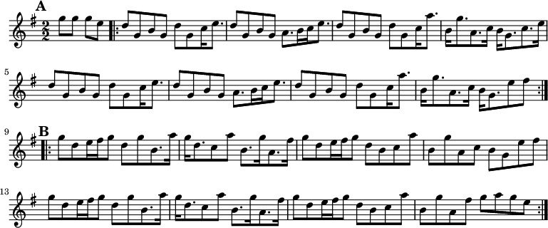 
\version "2.18.2" << << \new Staff { \set Staff.midiInstrument = "violin" \clef treble \key g \major \numericTimeSignature \time 2/2 \partial 2 \relative g'' { \mark \default g8 [ g8 ] g8 [ e8 ] \repeat volta 2 { d8 [ g,8 b8 g8 ] d'8 [ g,8 c16 e8. ] | % 3 d8 [ g,8 b8 g8 ] a8. [ b16 c16 e8. ] | % 4 d8 [ g,8 b8 g8 ] d'8 [ g,8 c16 a'8. ] | % 5 b,16 [ g'8. a,8. c16 ] b16 [ g8. c8. e16 ] \break | % 6 d8 [ g,8 b8 g8 ] d'8 [ g,8 c16 e8. ] | % 7 d8 [ g,8 b8 g8 ] a8. [ b16 c16 e8. ] | % 8 d8 [ g,8 b8 g8 ] d'8 [ g,8 c16 a'8. ] | % 9 b,16 [ g'8. a,8. c16 ] b16 [ g8. e'8 fis8 ] \break | \barNumberCheck #10 } \repeat volta 2 { \mark \default g8 [ d8 e16 fis16 g8 ] d8 [ g8 b,8. a'16 ] | % 11 g16 [ d8. c8 a'8 ] b,8. [ g'16 a,8. fis'16 ] | % 12 g8 [ d8 e16 fis16 g8 ] d8 [ b8 c8 a'8 ] | % 13 b,8 [ g'8 a,8 c8 ] b8 [ g8 e'8 fis8 ] \break | % 14 g8 [ d8 e16 fis16 g8 ] d8 [ g8 b,8. a'16 ] | % 15 g16 [ d8. c8 a'8 ] b,8. [ g'16 a,8. fis'16 ] | % 16 g8 [ d8 e16 fis16 g8 ] d8 [ b8 c8 a'8 ] | % 17 b,8 [ g'8 a,8 fis'8 ] g8 [ a8 g8 e8 ] } } } >> >> \layout { indent = #0 } \midi { \tempo 4 = 100 }

