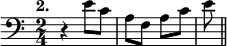 \relative c'{\tempo "2." \clef "bass" \time 2/4 r4 e8 caface \bar"||"}