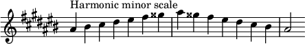{ \omit Score.TimeSignature \relative c'' { \key ais \minor \time 7/4 ais^「和声短音階」 bis cis dis eis fis gisis ais gisis fis eis dis cis bis ais2 } }