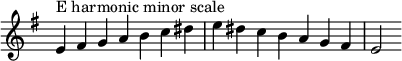 {
\omit Score.TimeSignature \relative c' {
\key e \minor \time 7/4 e^"E harmonic minor scale" fis g a b c dis e dis c b a g fis e2
} }