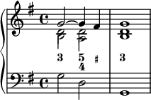 { \new PianoStaff << \new Staff << \new Voice \relative c'' { \clef treble \key g \major \time 4/4 \tempo 2 = 60 \set Score.tempoHideNote = ##t << { g2~ g4 fis } \\ { d2 d } \\ \\ { s2 \once \override NoteColumn.force-hshift = 0 a2 } \once \override NoteColumn.force-hshift = 0 b2 >> | < bdg >1 | } \new FiguredBass { \figuremode { <3>2 <5 4>4 <_+> <3>1 } } >> \new Staff << \new Voice \relative c' { \stemDown \clef bass \key g \major \time 4/4 g2 dg,1 } >> >> }