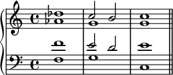 
   \new PianoStaff << \new Staff << \new Voice \relative c'' { \stemUp \clef treble \key c \major \time 4/4 des1 c2 b c1 } \new Voice \relative c'' { \stemDown aes1 gg } >> \new Staff << \new Voice \relative c' { \stemUp \clef bass \key c \major \time 4/4 f1 e2 d e1 } \new Voice \relative c' { \stemDown f,1 gc, \bar "||" } >> >>
