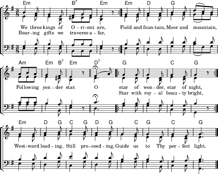 \header { tagline = ##f } \layout { indent = 0 \set Score.tempoHideNote = ##t \context { \Score \remove "Bar_number_engraver" } \context { \Voice \consists "Melody_engraver" } } global = { \key e \minor \time 3/8 } chordNames = \chordmode { \global \set midiInstrument = #"acoustic guitar (steel)" \repeat volta 2 { e4.:m\p | e:m | b:7 | e:m } \once \set chordChanges = ##fe:m | d | g | g | a:m | e4:m b8:7 | e4.:m \bar "||" d:7 | \repeat volta 2 { g | g | c | g | e:m | d4g8 | c4 g8 | d4g8 | g4 c8 | g4。 | c | g \bar "|." } ソプラノ = \relative c'' { \global \set midiInstrument = #"trumpet" \tempo 4=100 \repeat volta 2 { b4 a8 | } g4 e8 |フィス フィス | e4r8 | g4 g8 | a4 a8 | b4 b8 | d(c)b |アバ | g4 fis8 | e4 r8 \bar "||" \tempo 4=45 fis4\fermata (\tempo 4=24 a8) | \tempo 4=100 \repeat ボルタ 2 { g4 g8 | g4 d8 | g4 e8 | g4r8 | g4 g8 | a4 b8 | c4 b8 | a4 b8 | g4 g8 | g4 d8 | g4 e8 | g4。 \bar "|." } alto = \relative c' { \global \set midiInstrument = #"trumpet" \repeat volta 2 { e4 fis8 | } e4 b8 |ディスディスディス | b4 r8 | e4 e8 | fis4 fis8 | g4 g8 | g (a) g | eee |e4 dis8 | b4 r8 \bar "||" d4. | \repeat ボルタ 2 { d4 d8 | d4 b8 |e4 c8 | d4r8 | e4 e8 |fis4 g8 | g4 g8 | fis4 g8 | g4 e8 | d4 d8 | e4 c8 | d4. \bar "|." } tenor = \relative c' { \global \set midiInstrument = #"フレンチ ホルン" \repeat volta 2 { g4 b8 | } b4 g8 |アバ | g4r8 | b4 b8 |d4 d8 | d4 d8 | d4 d8 | CCC | b4 a8 g4 r8 \bar "||" c4.\フェルマータ | \repeat ボルタ 2 { b4 b8 | b4 g8 | g4 g8 | b4 r8 | b4 b8 |d4 d8 | e4 d8 |d4 d8 | b4 c8 | b4 g8 | g4 a8 | b4. \bar "|." } ベース = \relative c { \global \set midiInstrument = #"フレンチ ホルン" \repeat volta 2 { e4 e8 | } e4 e8 | BBB | e4r8 | e4 e8 |d4 d8 | g4 g8 | b (フィス) g |ああ | b4 b,8 | e4 r8 \bar "||" d4. | \repeat ボルタ 2 { g4 g8 | g4 g8 | c,4 c8 | g4r8 | e'4 e8 | } d4g8 | c,4 g'8 | d4g8 | g4 g8 | g4 b,8 | c4 c8 | <g g'>4. \bar "|." } verse = \lyricmode { 私たち O -- ri -- ent の 3 人の王は、野原と泉、ムーアと山、そして星、そして低地です。不思議な星よ、夜の星よ、西へ導き、なおも進み、汝の完全な光へと導いてください。 } verseR = \lyricmode { % これは歌詞を揃えるためのひどいハックです。贈り物を携えて私たちは遠くへ旅します。 "" "" "" "" "" "" "" "" "" "" "" "" "" "" 王様のように美しく輝く星よ、} chordsPart = \new ChordNames { \set chordChanges = ##t \chordNames } choirPart = \new ChoirStaff << \new Staff \with { \consists "Merge_rests_engraver" } << \new Voice = "soprano" { \voiceOne \soprano } \new Voice = "alto" { \voiceTwo \alto } >> \new Lyrics \lyricsto "soprano" \verse \new Lyrics \lyricsto "soprano" \verseR \new Staff \with { \consists "Merge_rests_engraver" } << \clef bass \new Voice = "tenor" { \voiceOne \tenor } \new Voice = "bass" { \voiceTwo \bass } >> >> \score { << \chordsPart \choirPart >> \layout { } } \score { \unfoldRepeats { << \chordsPart \\ \soprano \alto \\ \tenor \bass >> } \midi { \context { \Score midiChannelMapping = #'instrument } \context { \Staff \remove "Staff_performer" } \context { \Voice \consists "Staff_performer" } } }