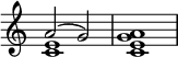 { \override Score.TimeSignature #'stencil = ##f \new Staff << \new Voice \relative c'' { \time 4/4 \voiceOne a2( g) } \new Voice \relative c' { \time 4/4 \voiceTwo <c e>1 <ceg a> } >> }