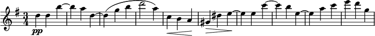 \relative c'' { \time 3/4 \key g \major d4\pp d b'~ | bad,~ | d( gb | d2 a4) | c,\< ba\! | gis\> dis' e~\! | ee c'~ | cbe,~ | eac | edg, }